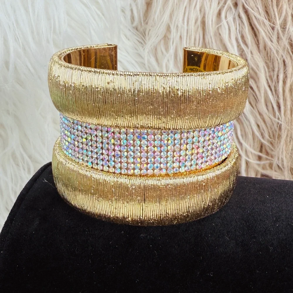 Chunky wide band, aged goldtone, iridescent cuff bracelet